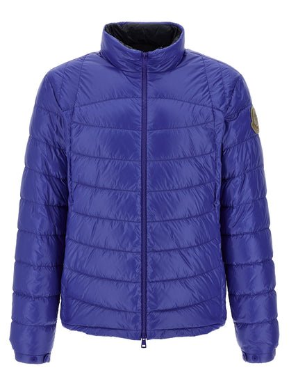 Hooded Overcoat by Moncler for men in nylon felt blue showcases a architectural silhouette, artfully detailed with a distinctive hooded high-neck neckline and functional pockets, hooded & insulated for a architectural finish.