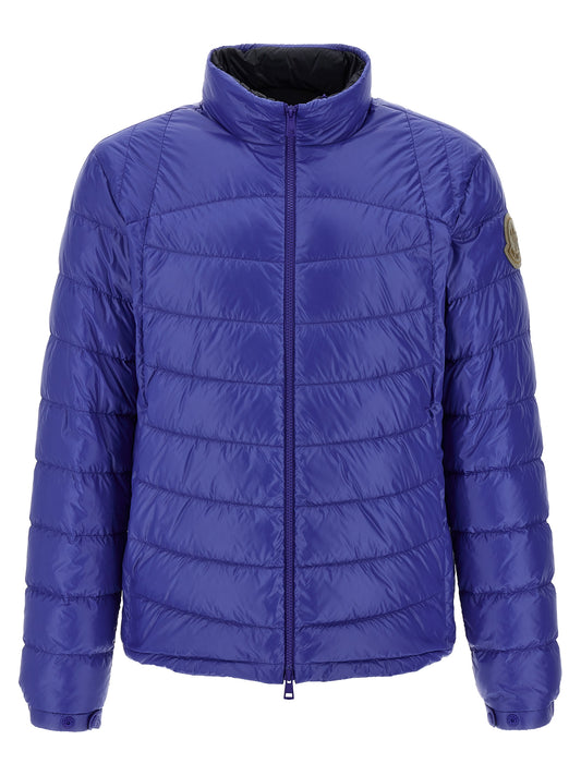 Hooded Overcoat by Moncler for men in nylon felt blue showcases a architectural silhouette, artfully detailed with a distinctive hooded high-neck neckline and functional pockets, hooded & insulated for a architectural finish.