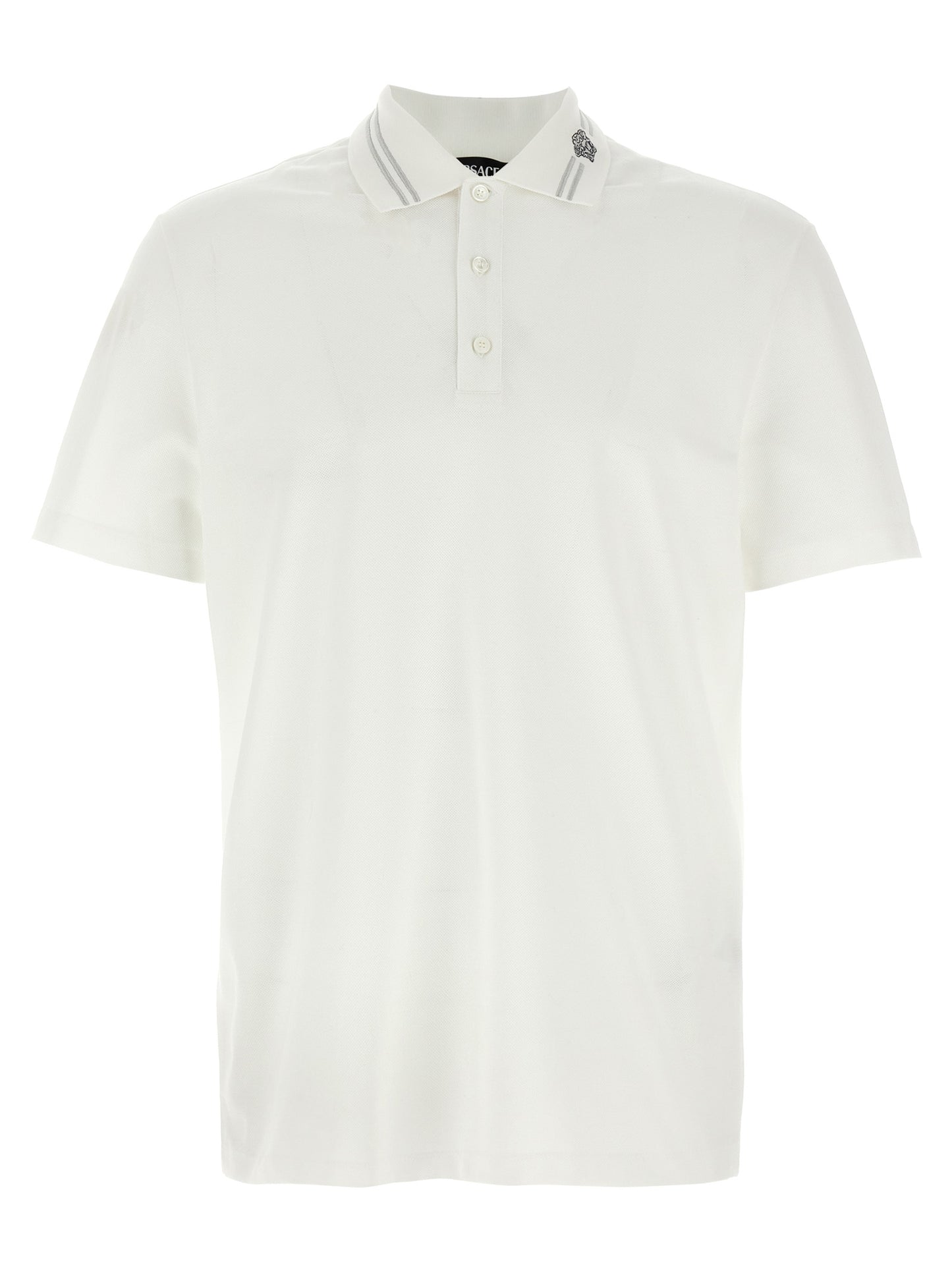 This Polo Shirt by Versace for men in cotton white, signature & striped presents a flawless silhouette, showcasing flawless detailing and a refined for a truly flawless aesthetic.