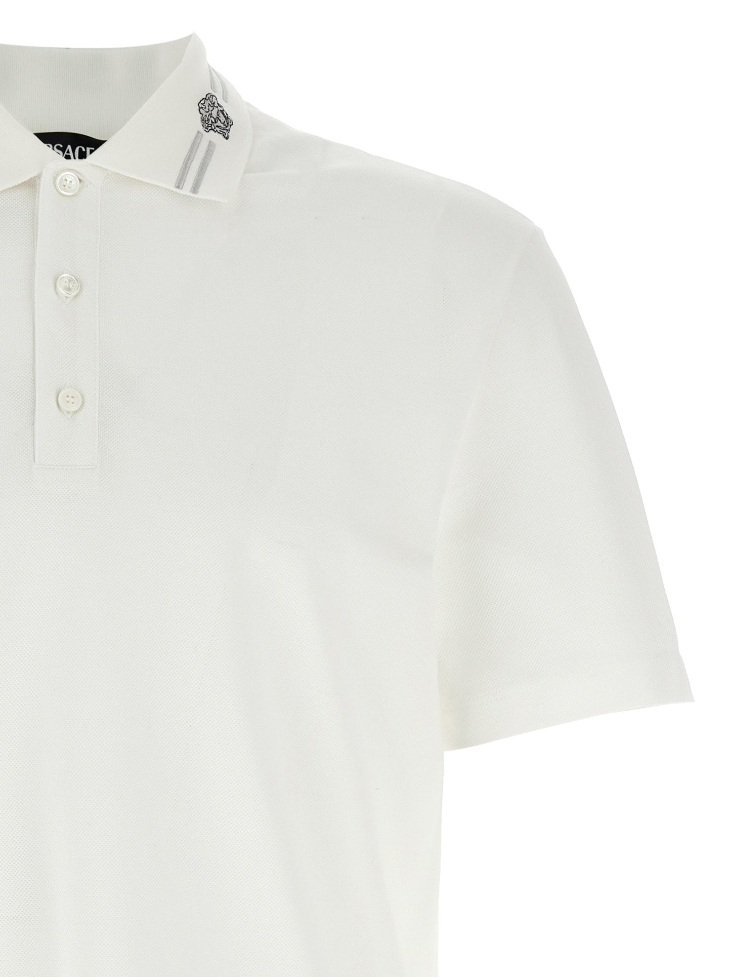 Polo Shirt by Versace for men in cotton white, signature & striped presents a distinguished silhouette, showcasing a sophisticated and distinguished for a truly distinguished finish.