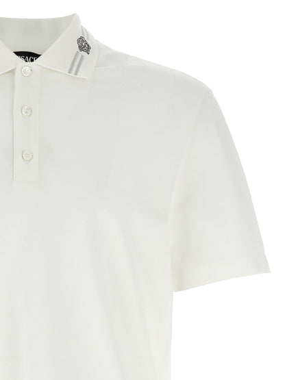 Polo Shirt by Versace for men in cotton white, signature & striped presents a distinguished silhouette, showcasing a sophisticated and distinguished for a truly distinguished finish.