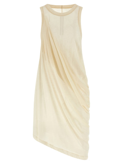 Dress by Rick Owens for unisex in cotton beige & transparent presents a sinuous silhouette, showcasing a sophisticated round neckline and sleeveless detailed with a sinuous short for a refined finish.