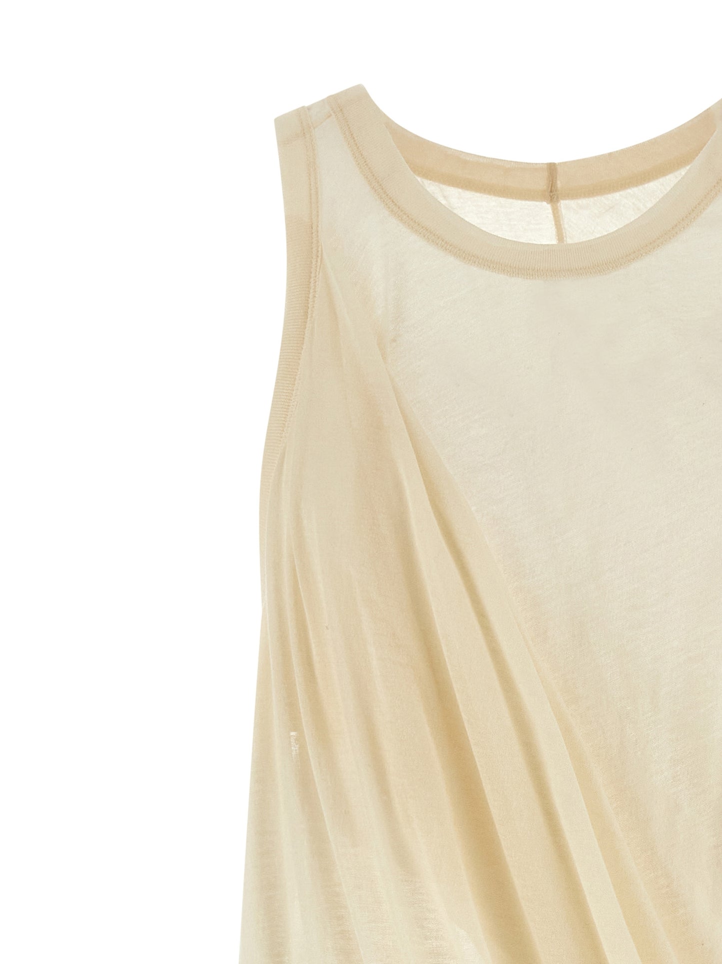 Dress by Rick Owens for unisex in cotton beige & transparent features an cute silhouette, detailed with a and round neckline that elegantly flows into a cute short.