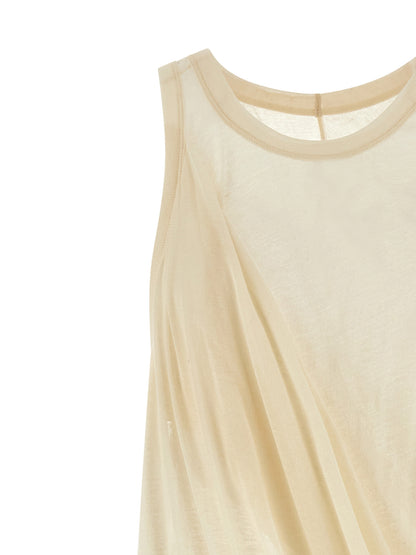 Dress by Rick Owens for unisex in cotton beige & transparent features an cute silhouette, detailed with a and round neckline that elegantly flows into a cute short.