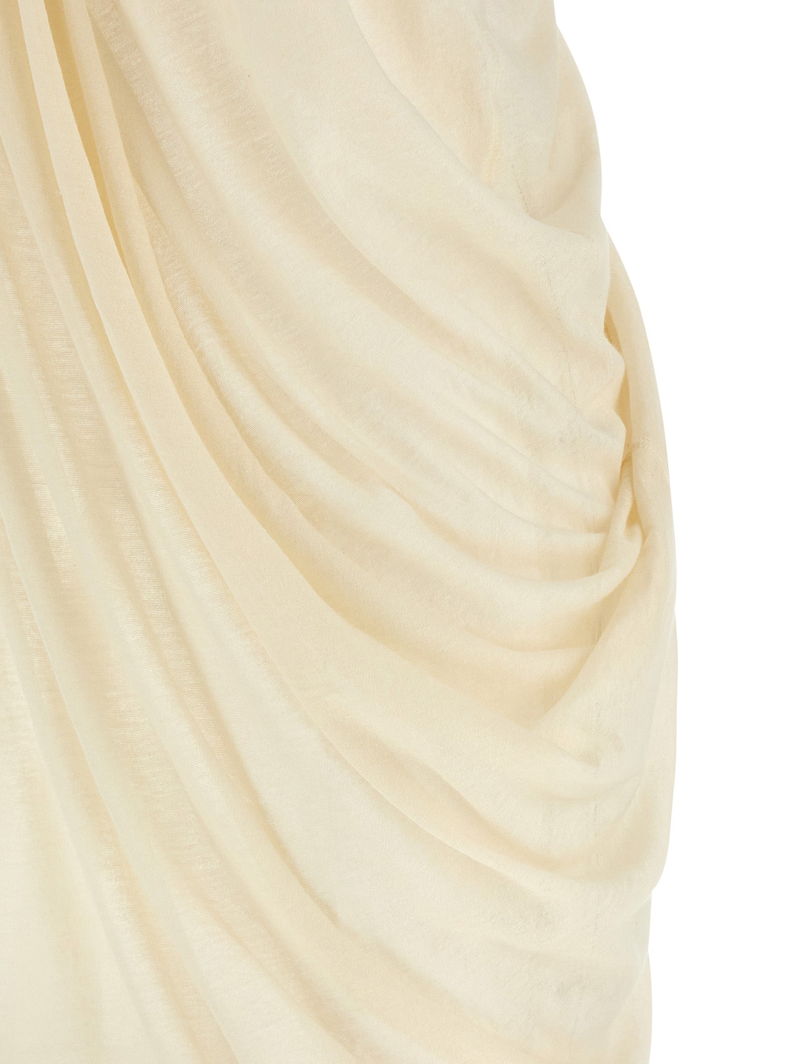 Dress by Rick Owens for unisex in cotton beige & transparent features a dramatic silhouette, showcasing an elegant and that flows into a dramatic short.