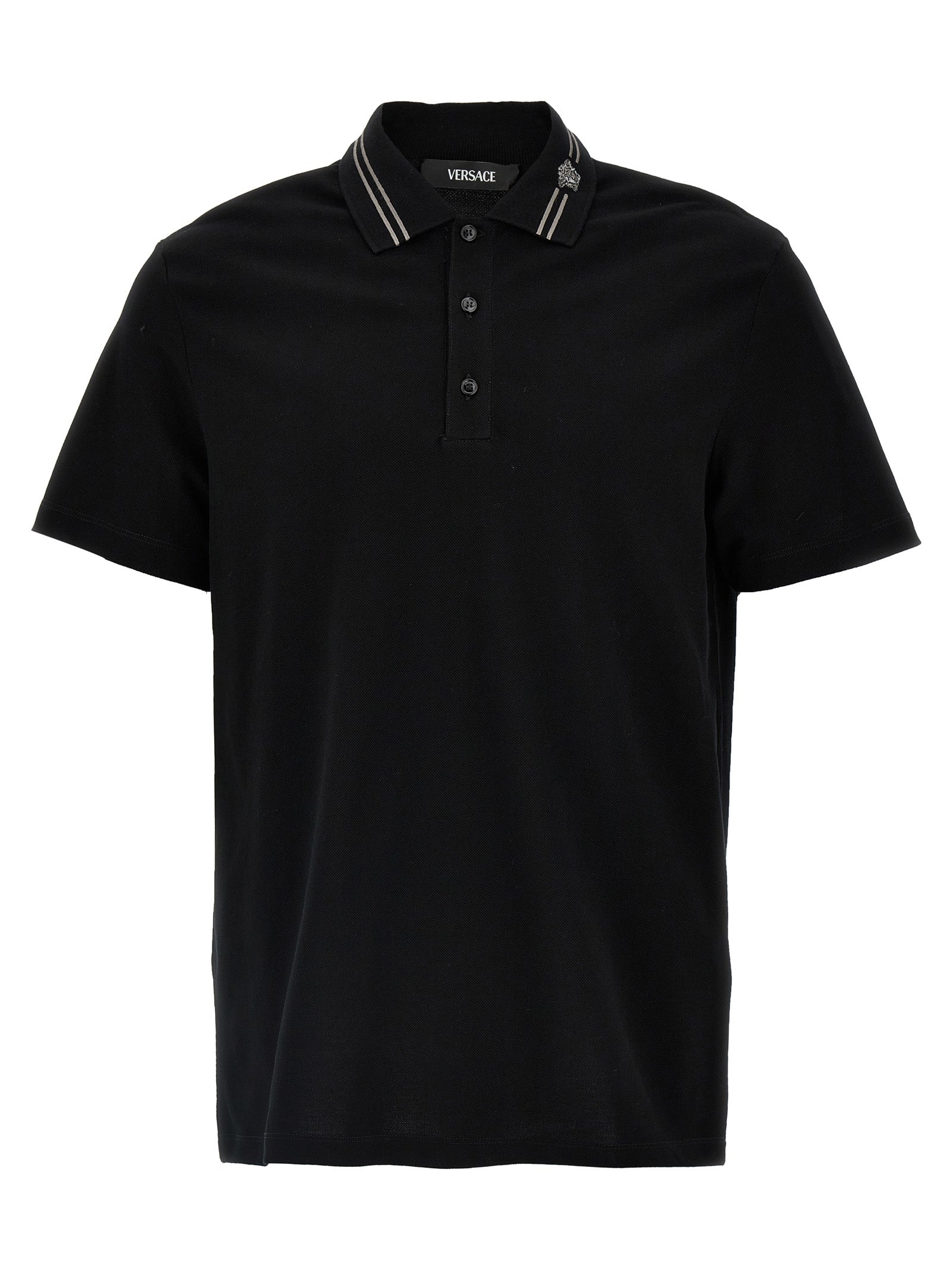 Polo Shirt by Versace for men in cotton black & striped presents a crisp silhouette, artfully detailed with a crisp short-sleeve and crisp .