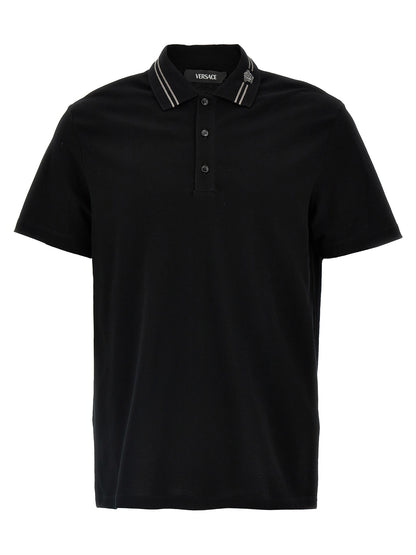 Polo Shirt by Versace for men in cotton black & striped presents a crisp silhouette, artfully detailed with a crisp short-sleeve and crisp .