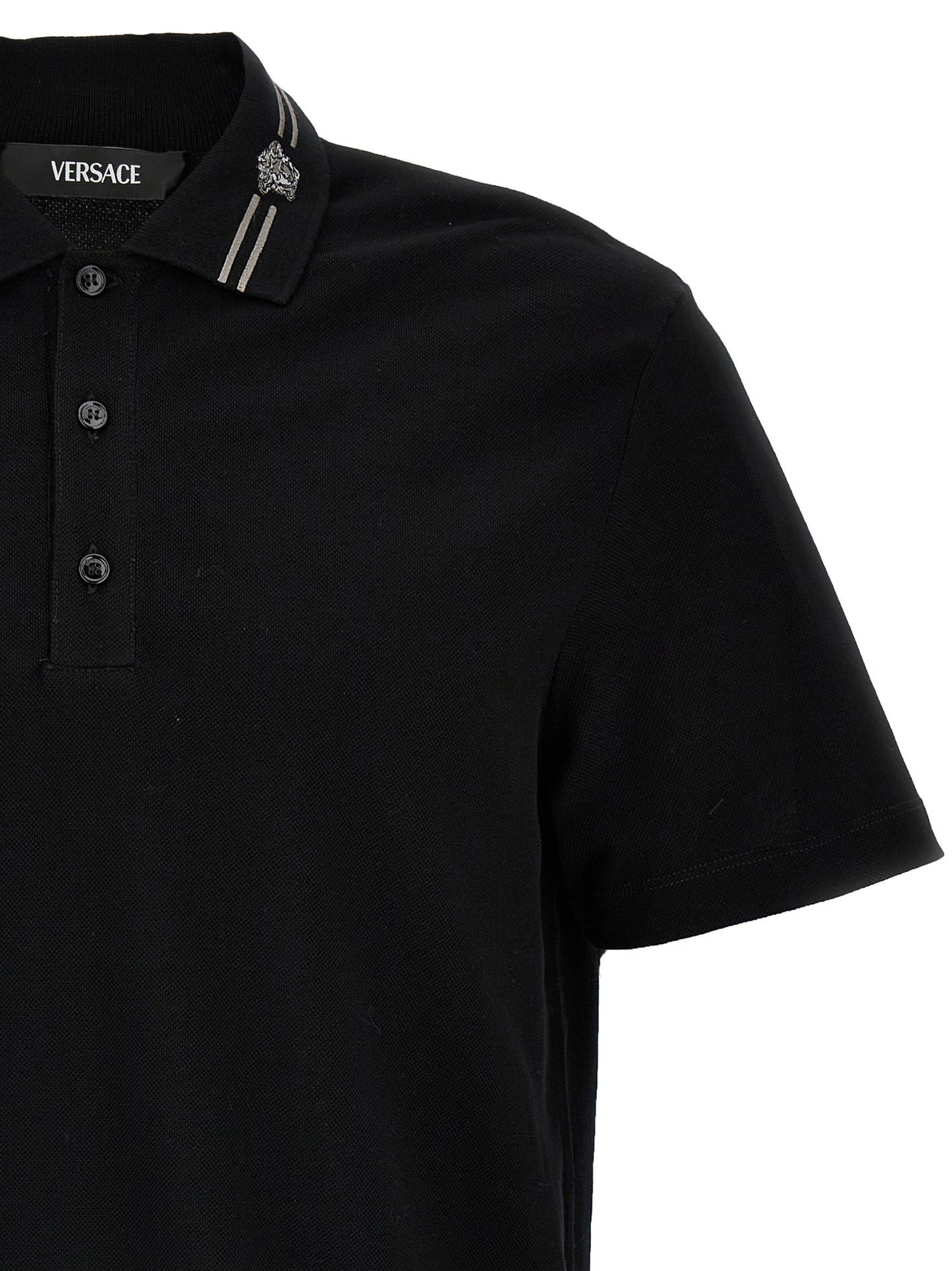 Polo Shirt by Versace for men in cotton black & striped features a eye catching silhouette, showcasing a refined and for a eye catching finish.