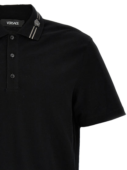 Polo Shirt by Versace for men in cotton black & striped features a eye catching silhouette, showcasing a refined and for a eye catching finish.