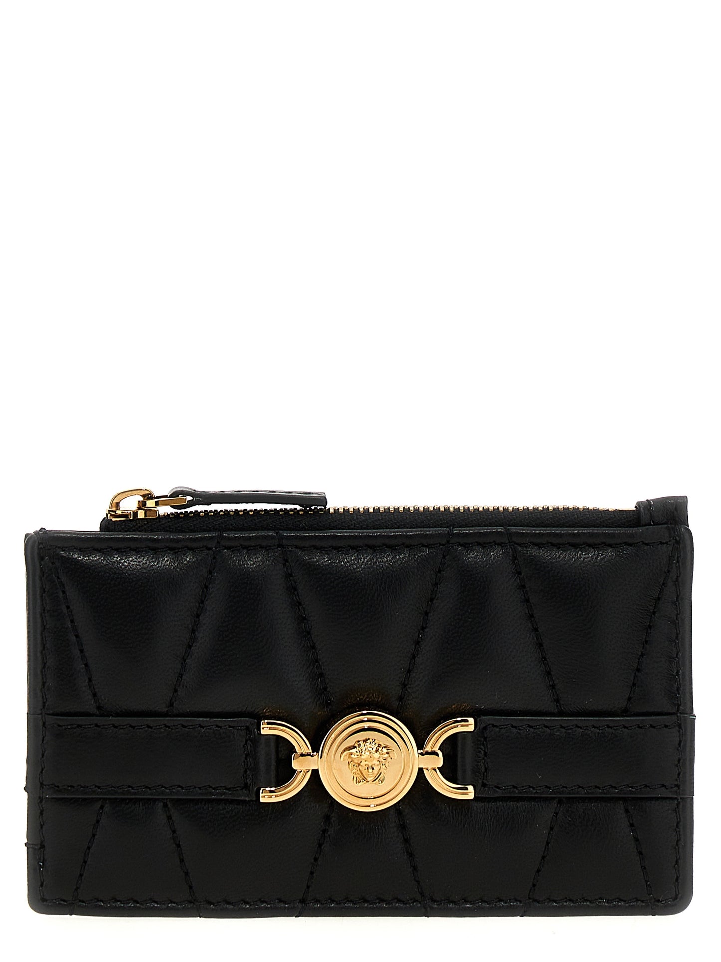 Cardholder Card Case by Versace for women in polyester & lamb leather black features a distinguished silhouette, showcasing the distinguished design of the Heart Medusa Polyester & Lamb Leather Cardholder Card Case with refined card-organization compact-design.