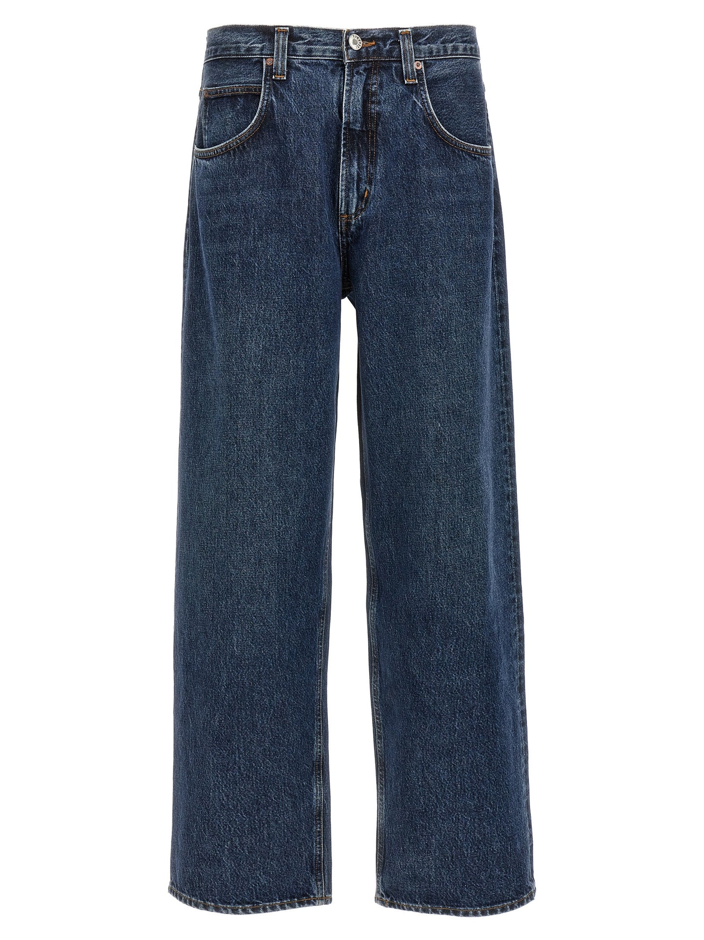 Jeans by Agolde for men in organic cotton denim blue features a polished silhouette with a polished wide, reaching a polished long and finished with a polished .