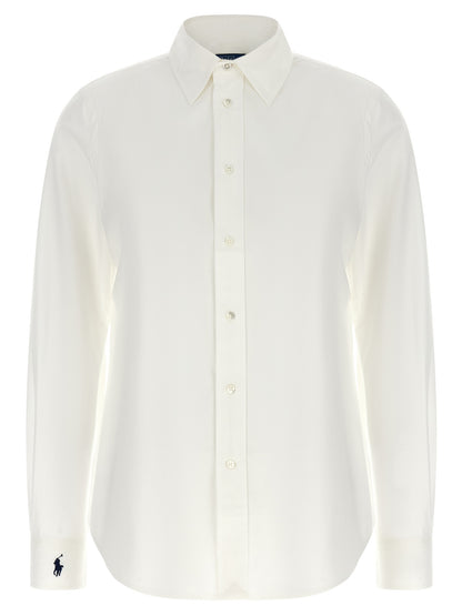 Blouse by Polo Ralph Lauren for women in stretch cotton pearl, white & signature showcases a sleek silhouette, elegantly detailed with a sleek and long-sleeve for a sleek finish.