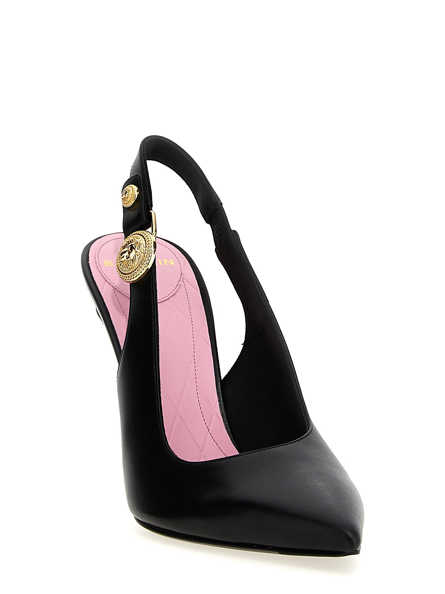 High-Heel Slingback Pumps Heels by Balmain for women in calfskin leather black & gold showcases a exquisite silhouette, perfectly accentuating Women's Calfskin Leather High-Heel Slingback Pumps Heels with a exquisite high-heel and exquisite pointed toe style.