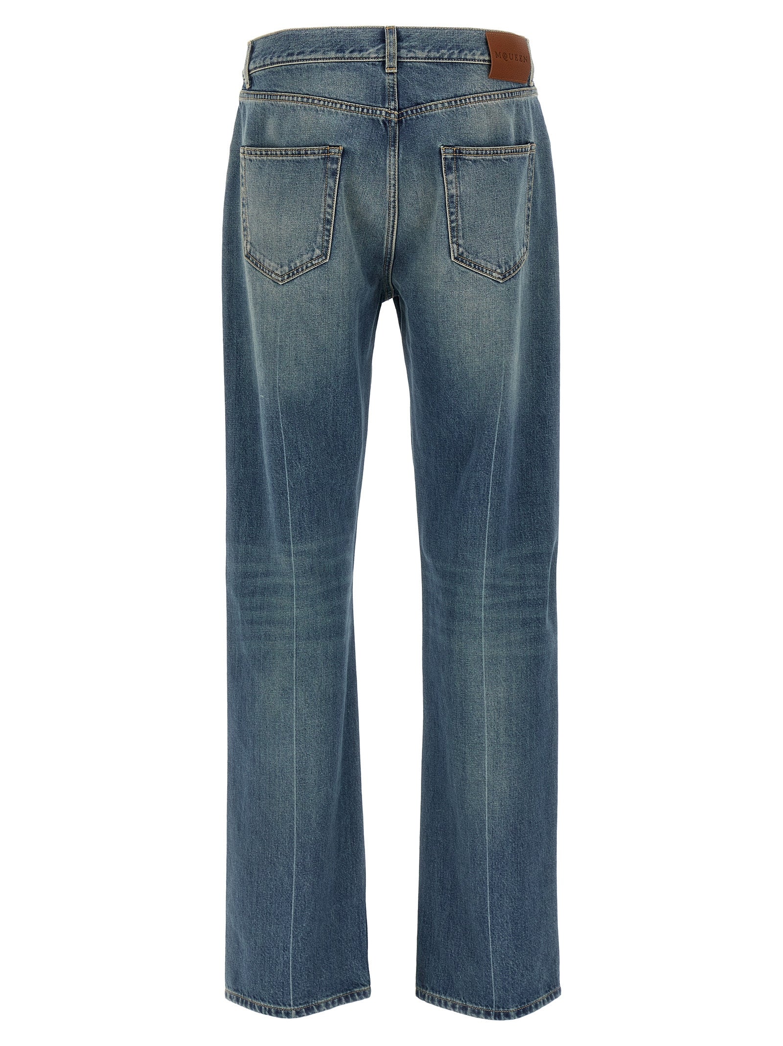 Jeans by Alexander McQueen for men in denim cotton blue presents a tailored silhouette, showcasing a tailored straight-leg and long cut with a refined for a truly tailored aesthetic.