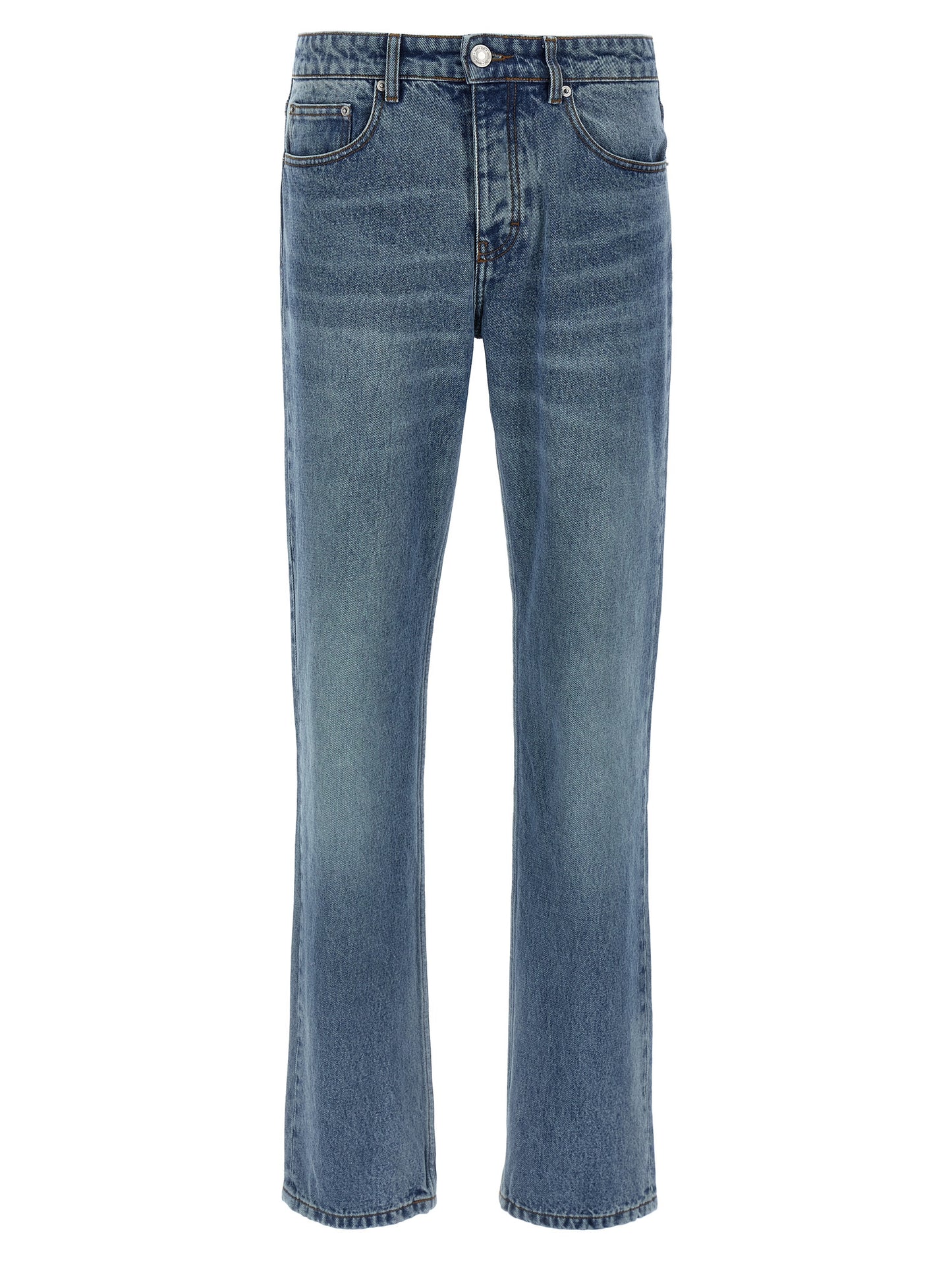 Jeans by Ami Paris for men in denim cotton blue & signature features an sartorial straight-leg and long with a cut for a sartorial finish.