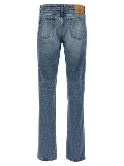 Jeans by Ami Paris for men in denim cotton blue & signature features an refined tailoring silhouette, showcasing a premium straight-leg with a and long cut for a refined tailoring look.