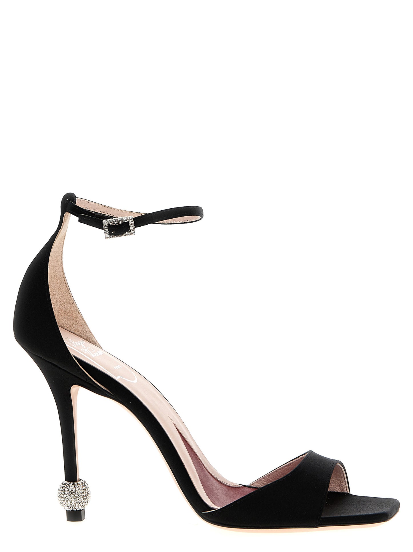 Stiletto Ankle Strap Sandals by Roger Vivier for women in viscose silk satin & rhinestone and black presents a captivating silhouette, showcasing the signature style of the Marlene Women's Viscose Silk Satin & Rhinestone Stiletto Ankle Strap Sandals with a captivating stiletto and captivating .