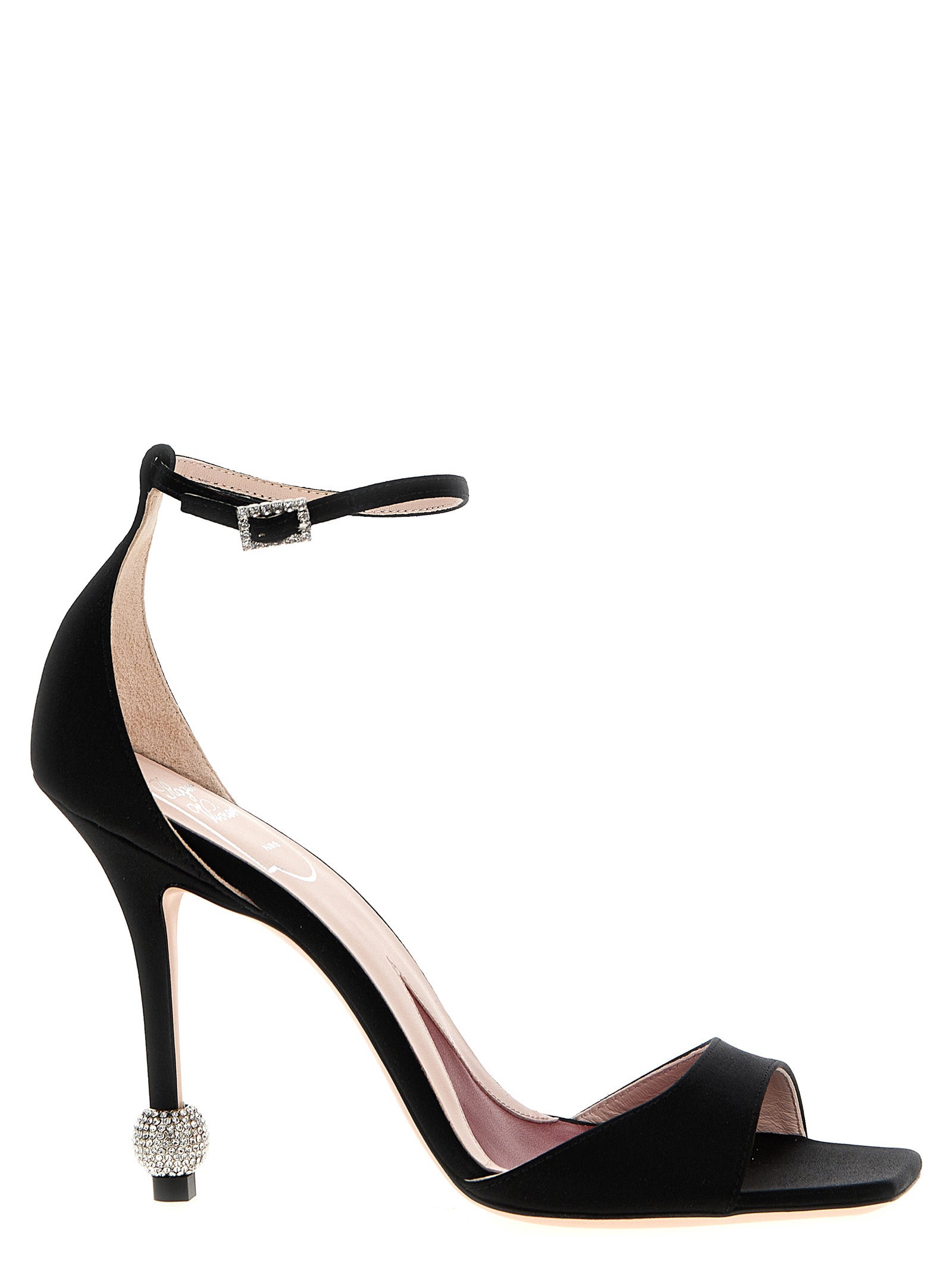 Stiletto Ankle Strap Sandals by Roger Vivier for women in viscose silk satin & rhinestone and black presents a captivating silhouette, showcasing the signature style of the Marlene Women's Viscose Silk Satin & Rhinestone Stiletto Ankle Strap Sandals with a captivating stiletto and captivating .