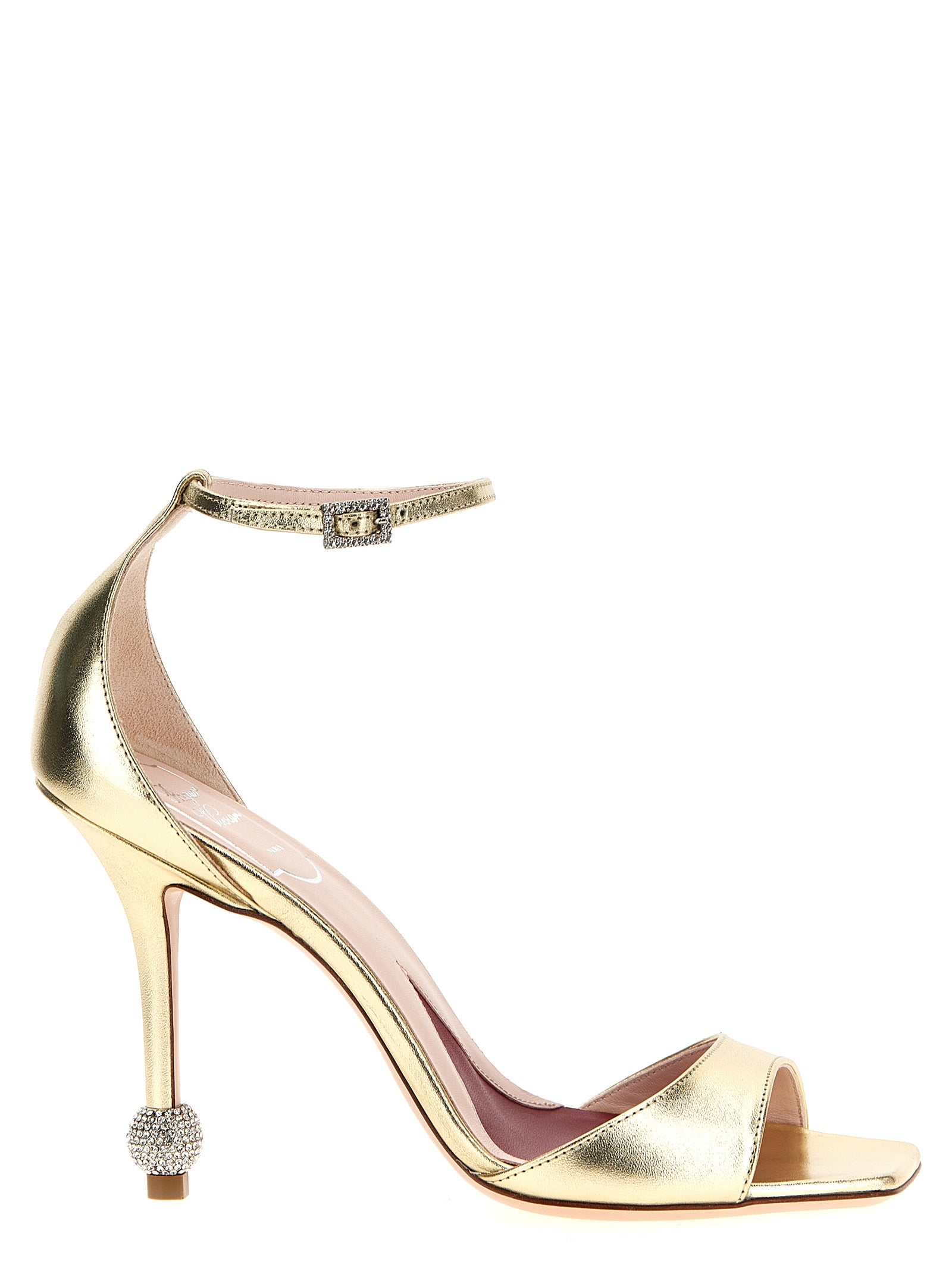 Stiletto Ankle Strap Sandals by Roger Vivier for women in calfskin leather & rhinestone gold features an exquisite silhouette, showcasing the exquisite Marlene Women's Calfskin Leather & Rhinestone Stiletto Ankle Strap Sandals with a stiletto and .