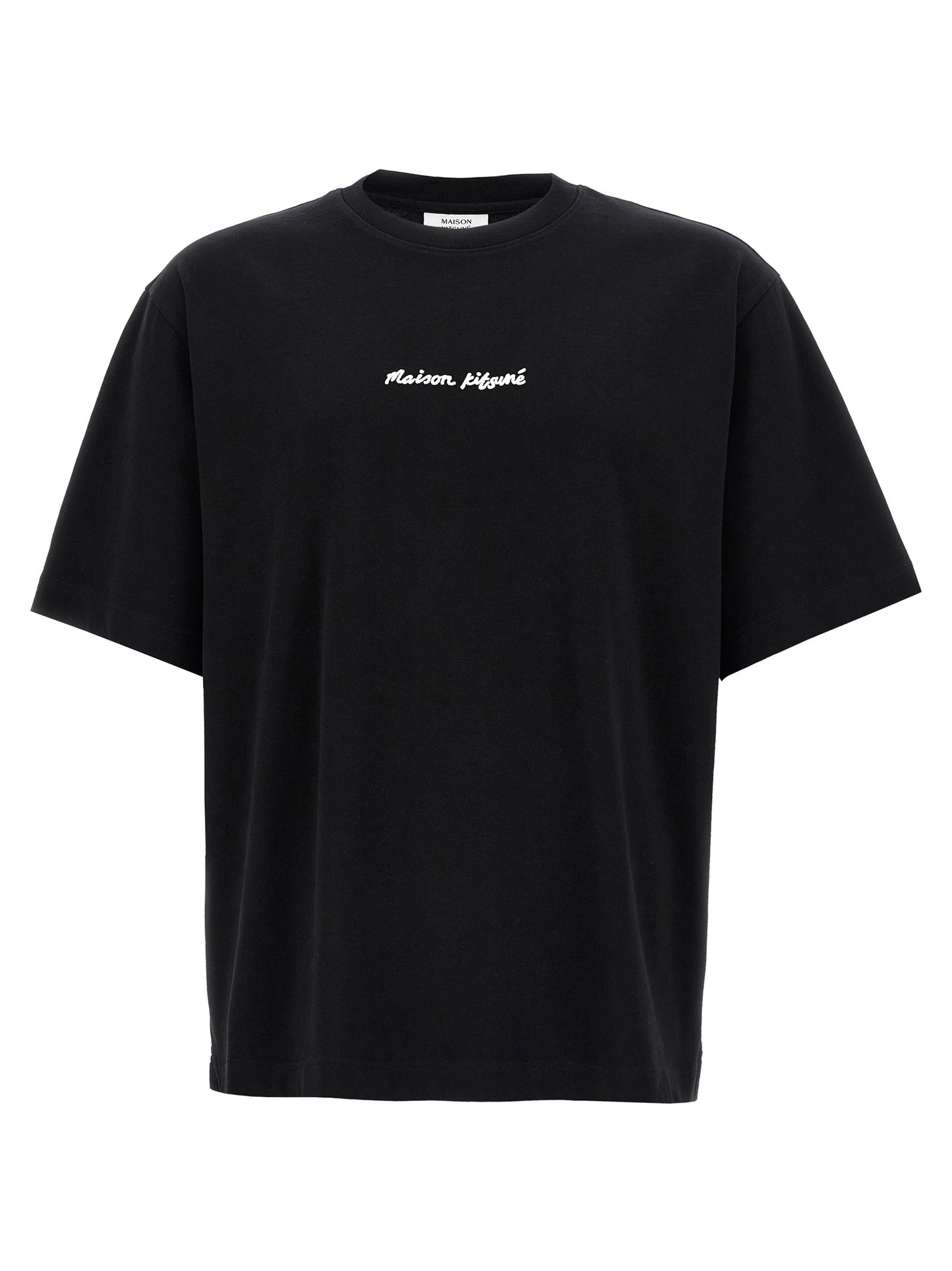 T-Shirt by Maison Kitsuné for men in cotton black showcases a unassuming silhouette, artfully detailed with a refined crew neckline and unassuming short-sleeve for a sophisticated, contemporary look.