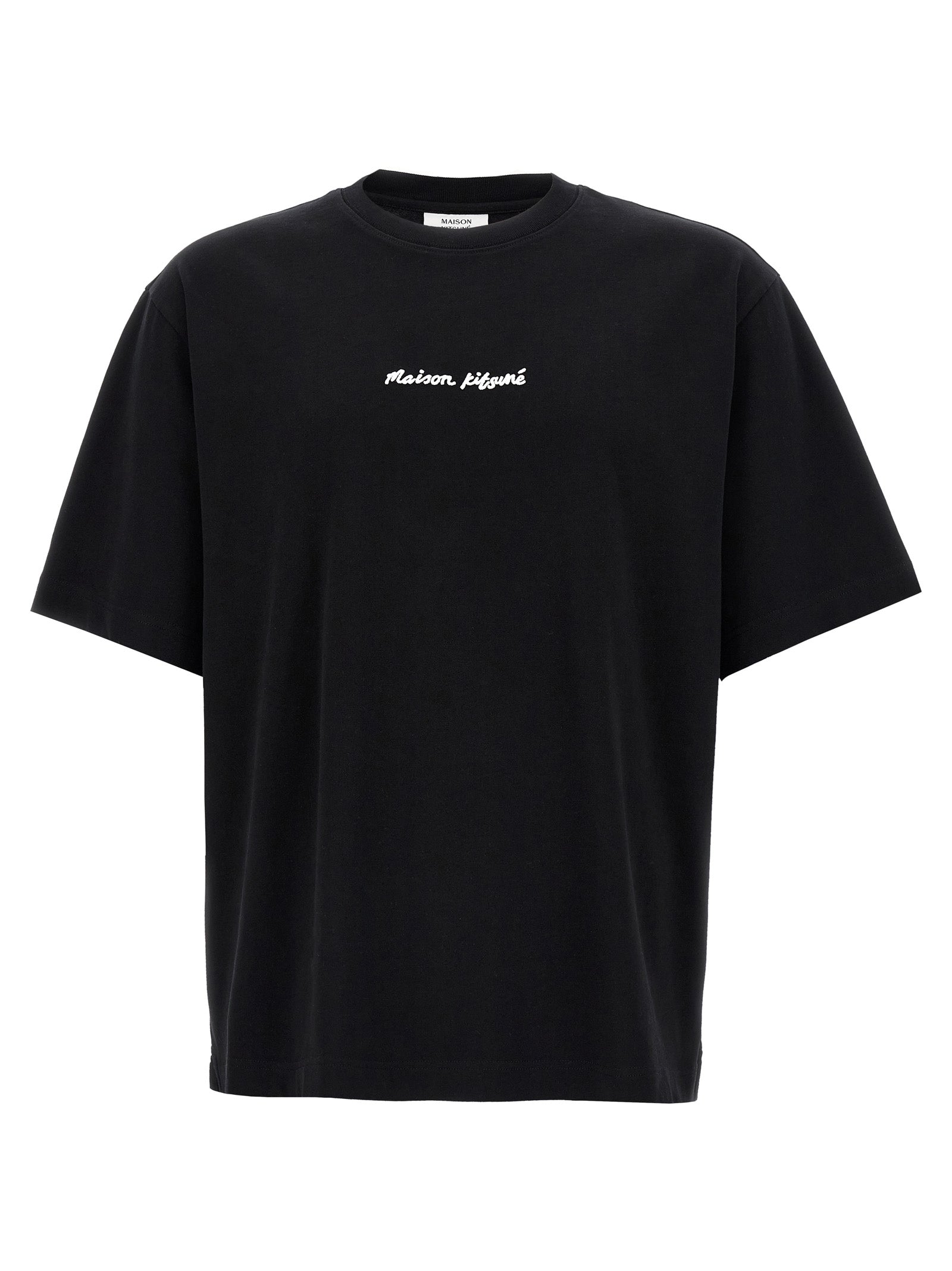 T-Shirt by Maison Kitsuné for men in cotton black showcases a unassuming silhouette, artfully detailed with a refined crew neckline and unassuming short-sleeve for a sophisticated, contemporary look.