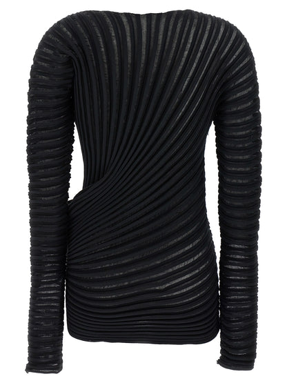 Shirt by Issey Miyake for women in cotton polyester black features an architectural silhouette with a refined and elegant crew neckline for a architectural look.