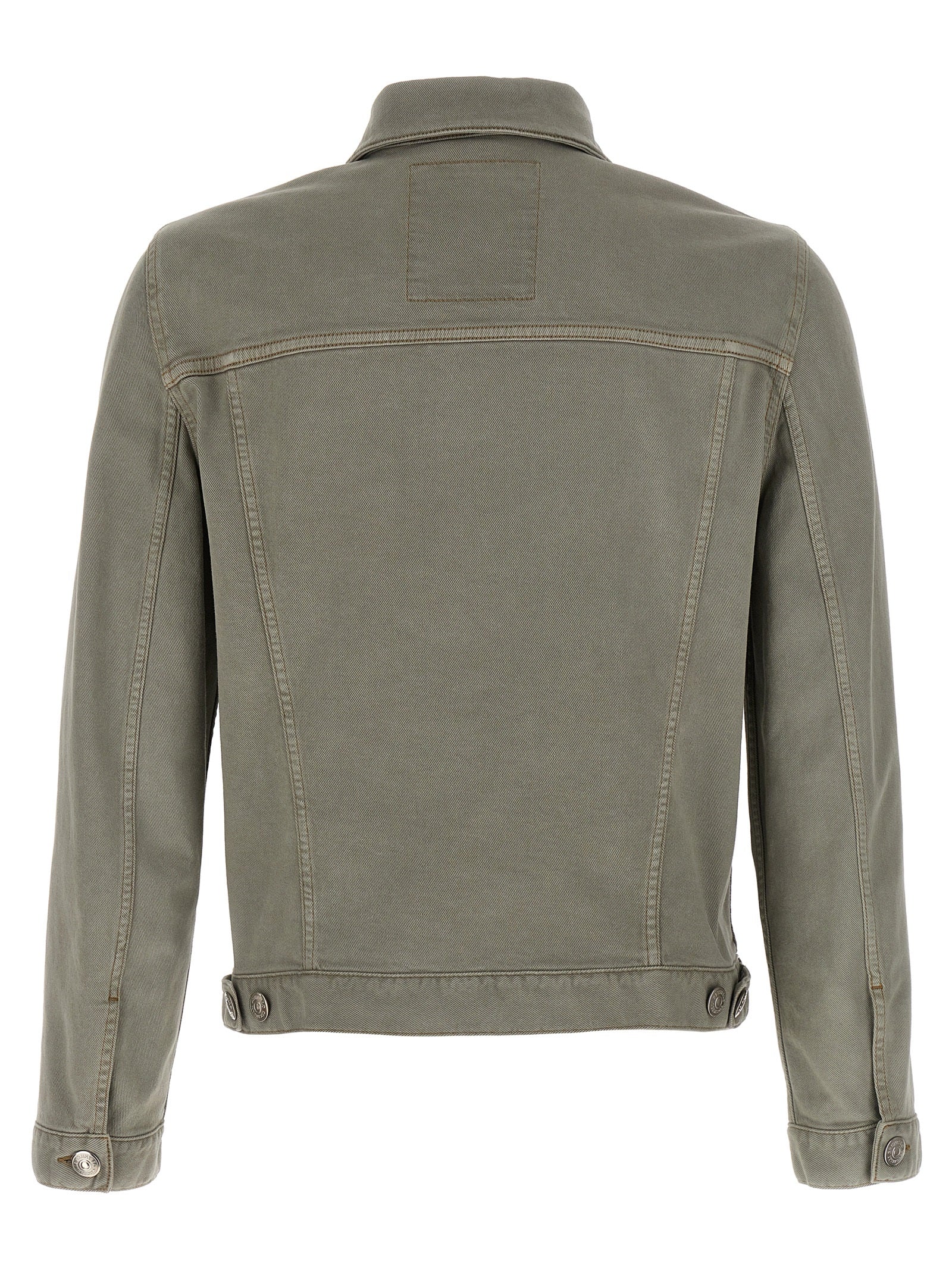 Trucker Jacket by Brunello Cucinelli for men in stretch denim cotton twill gray features a dramatic silhouette, showcasing a sophisticated and distinctive for a dramatic aesthetic.