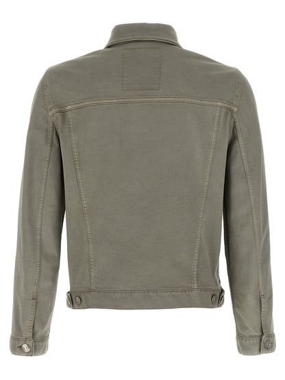 Trucker Jacket by Brunello Cucinelli for men in stretch denim cotton twill gray features a dramatic silhouette, showcasing a sophisticated and distinctive for a dramatic aesthetic.