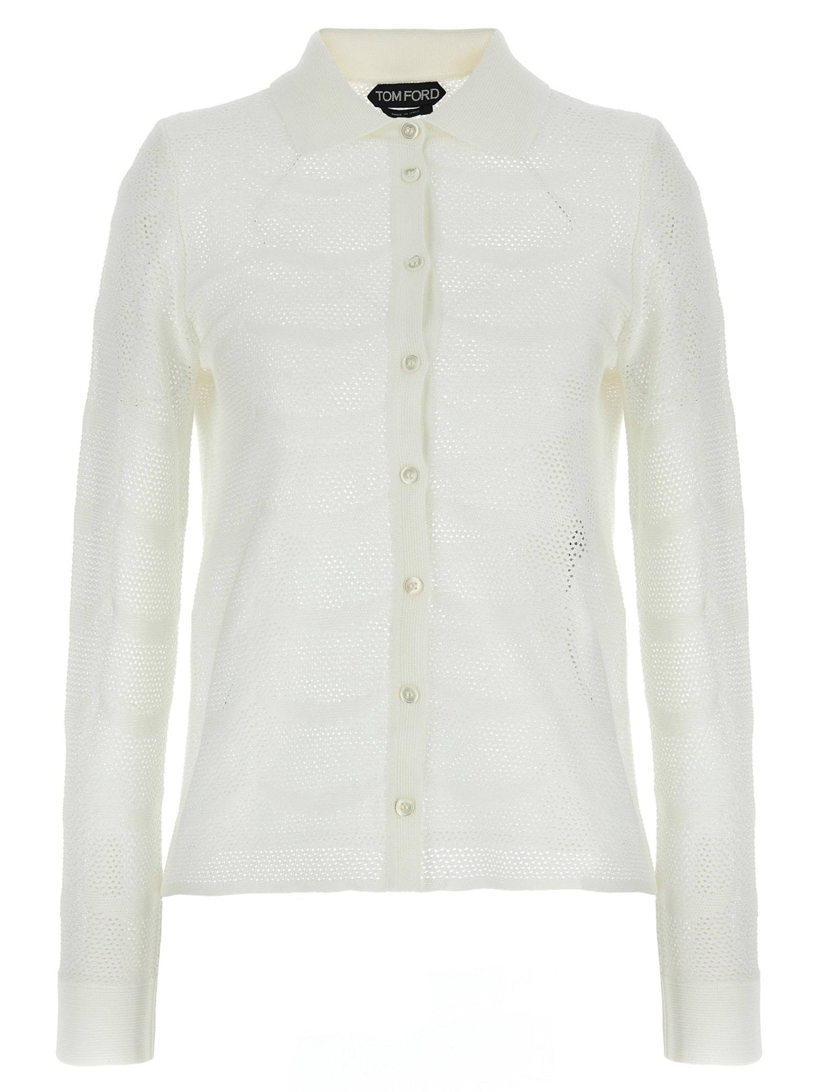 Cardigan by Tom Ford for women in silk cotton canvas white showcases a luxurious silhouette, meticulously detailed with a sophisticated and long-sleeve for a refined finish.