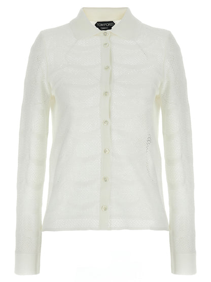 Cardigan by Tom Ford for women in silk cotton canvas white showcases a luxurious silhouette, meticulously detailed with a sophisticated and long-sleeve for a refined finish.