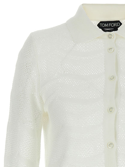 Cardigan by Tom Ford for women in silk cotton canvas white features an impeccable silhouette, showcasing a sophisticated and detail for a truly impeccable finish.