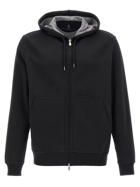 Sweatshirt Hoodie by Brunello Cucinelli for men in plush polyamide cotton & silk black features an luminous silhouette, showcasing a sophisticated hooded neckline and for a truly luminous look.