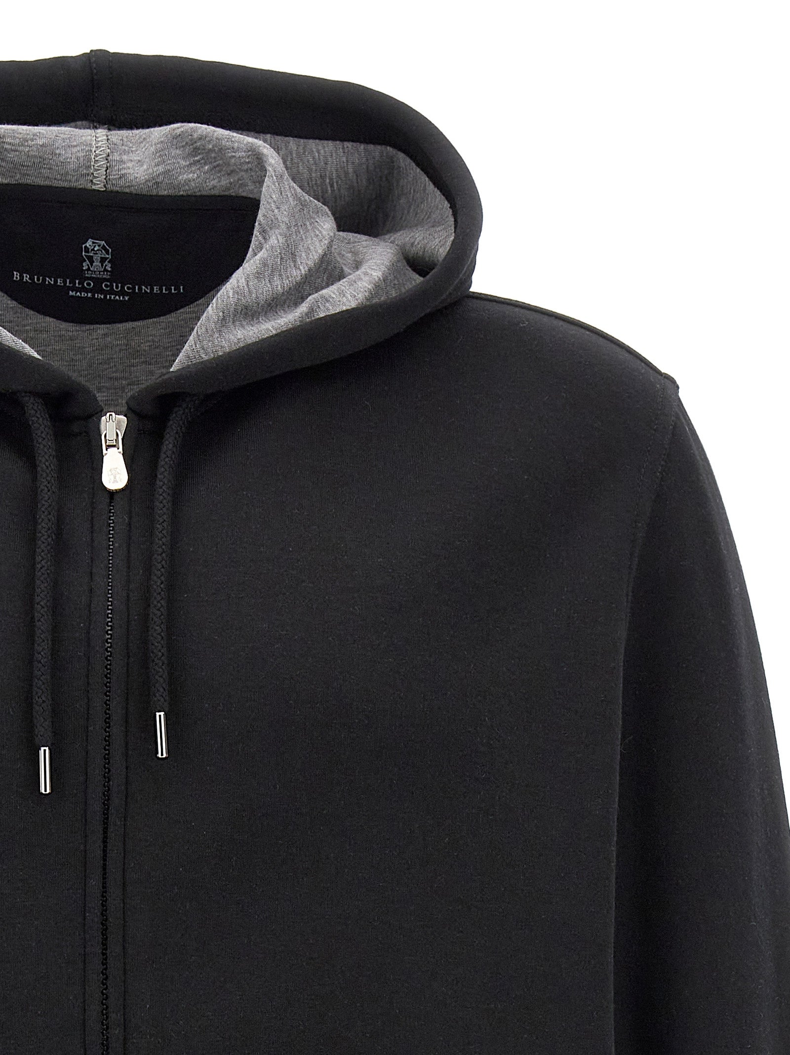 Sweatshirt Hoodie by Brunello Cucinelli for men in plush polyamide cotton & silk black features an dramatic silhouette, showcasing a sophisticated hooded neckline and dramatic for a refined, modern aesthetic.