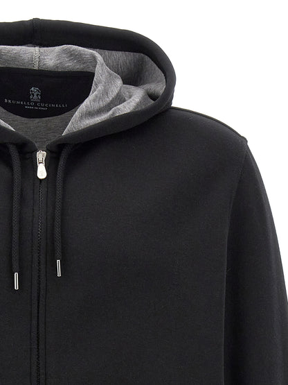 Sweatshirt Hoodie by Brunello Cucinelli for men in plush polyamide cotton & silk black features an dramatic silhouette, showcasing a sophisticated hooded neckline and dramatic for a refined, modern aesthetic.