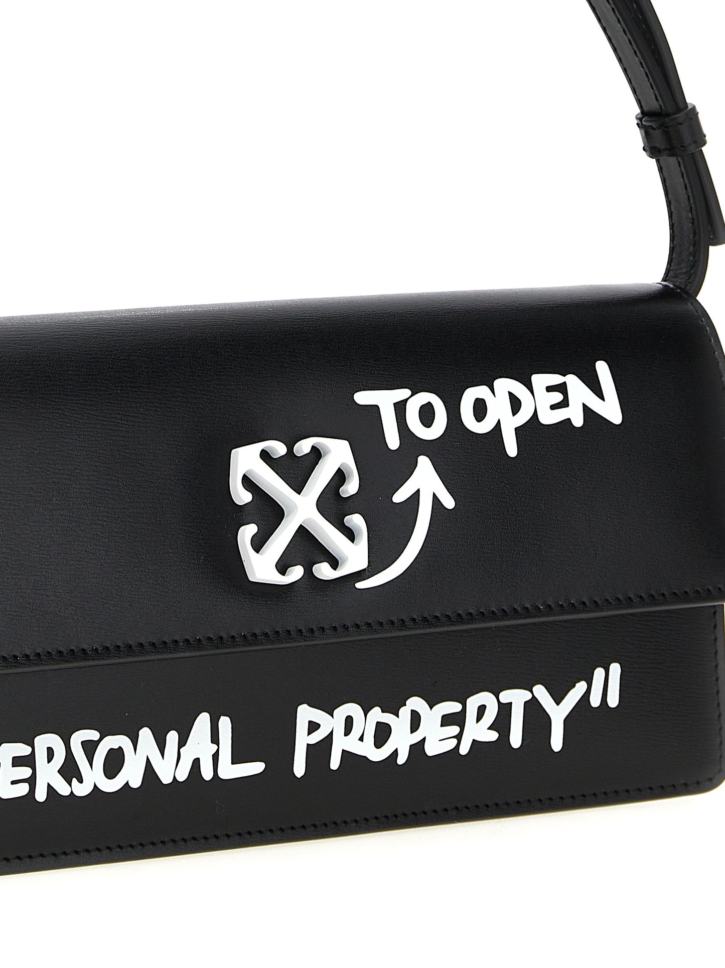 Shoulder Flap Bag by Off-White for women in bos taurus calf suede leather bicolour, black, white & print presents a statuesque silhouette, showcasing a secure flap & magnetic and statuesque with versatile shoulder-strap, adjustable-strap & handle for a sophisticated look.
