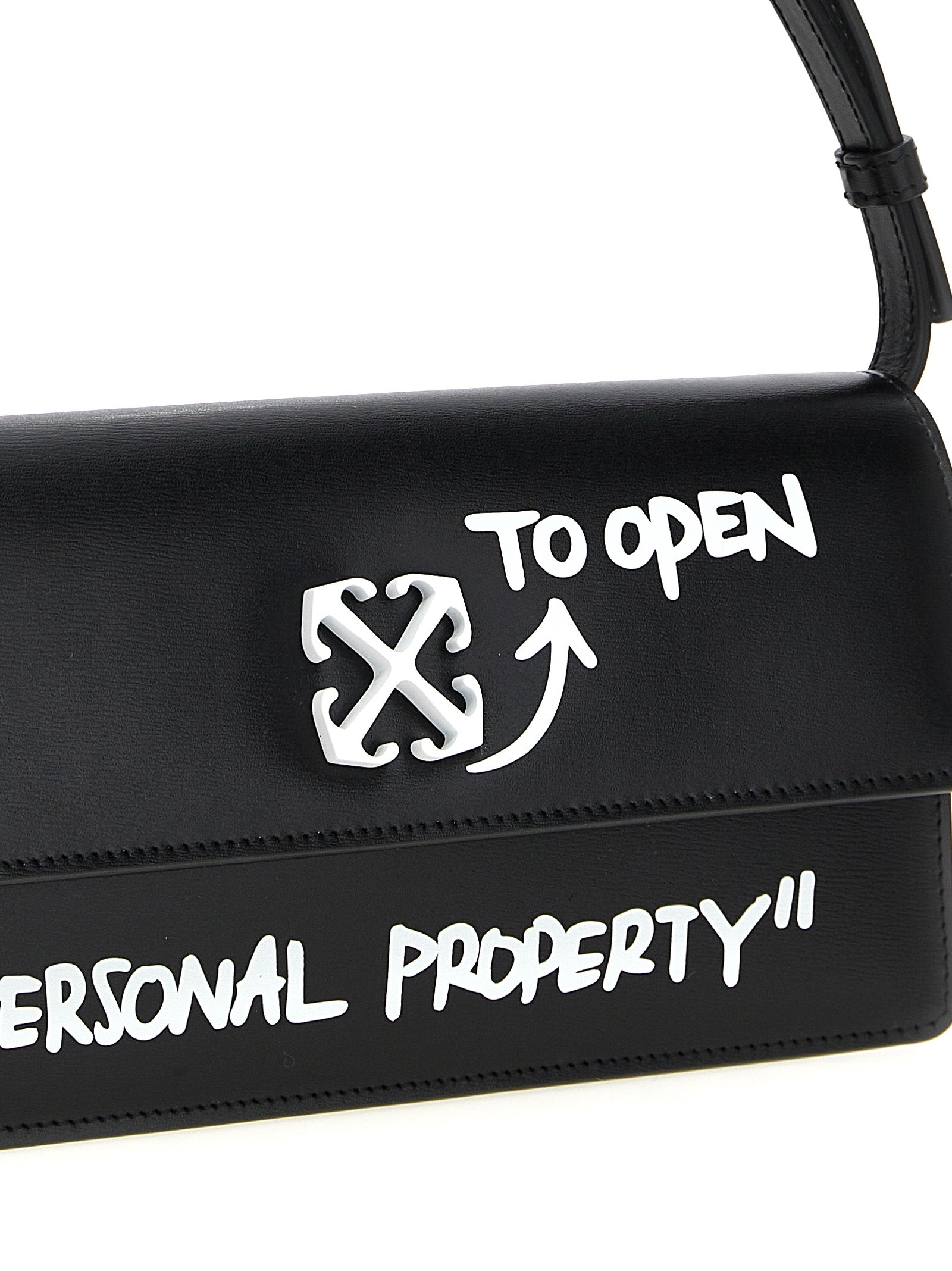 Shoulder Flap Bag by Off-White for women in bos taurus calf suede leather bicolour, black, white & print presents a statuesque silhouette, showcasing a secure flap & magnetic and statuesque with versatile shoulder-strap, adjustable-strap & handle for a sophisticated look.