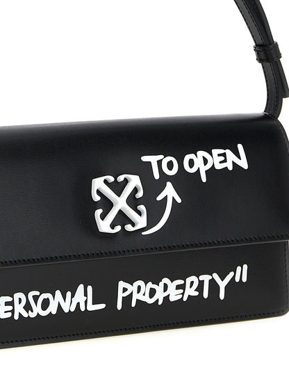 Shoulder Flap Bag by Off-White for women in bos taurus calf suede leather bicolour, black, white & print presents a statuesque silhouette, showcasing a secure flap & magnetic and statuesque with versatile shoulder-strap, adjustable-strap & handle for a sophisticated look.