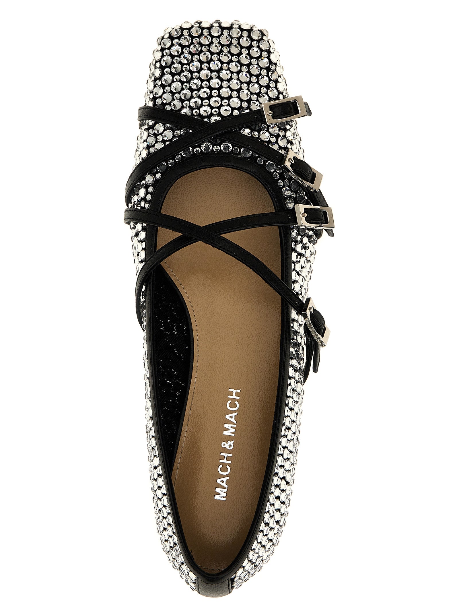 Ballet Flat Shoes by MACH & MACH for women in polyamide rhinestone & crystal black showcases a resplendent Women's Polyamide Rhinestone & Crystal Ballet Flat Shoes aesthetic with a and square toe style.