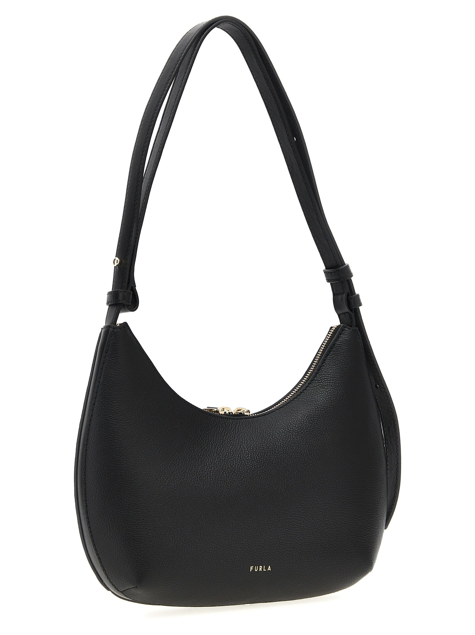 Evening Shoulder Bag by Furla for women in leather black features an effortlessly chic silhouette with a secure zipper, ample , and versatile shoulder-strap, handle & adjustable-strap for effortlessly chic everyday luxury.
