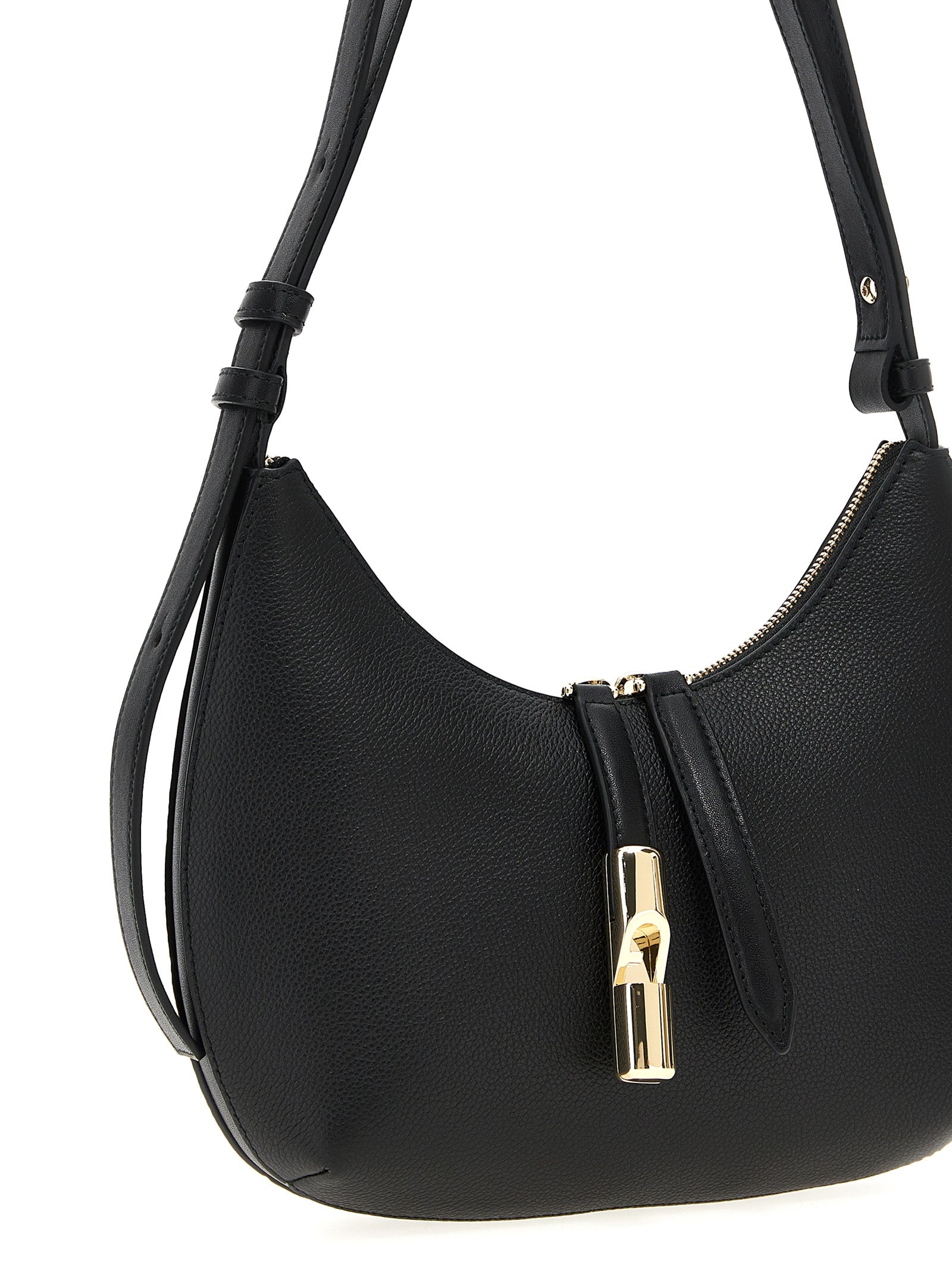 Evening Shoulder Bag by Furla for women in leather black features an effortlessly chic silhouette with a secure zipper, ample , and versatile shoulder-strap, handle & adjustable-strap for effortlessly chic everyday luxury.