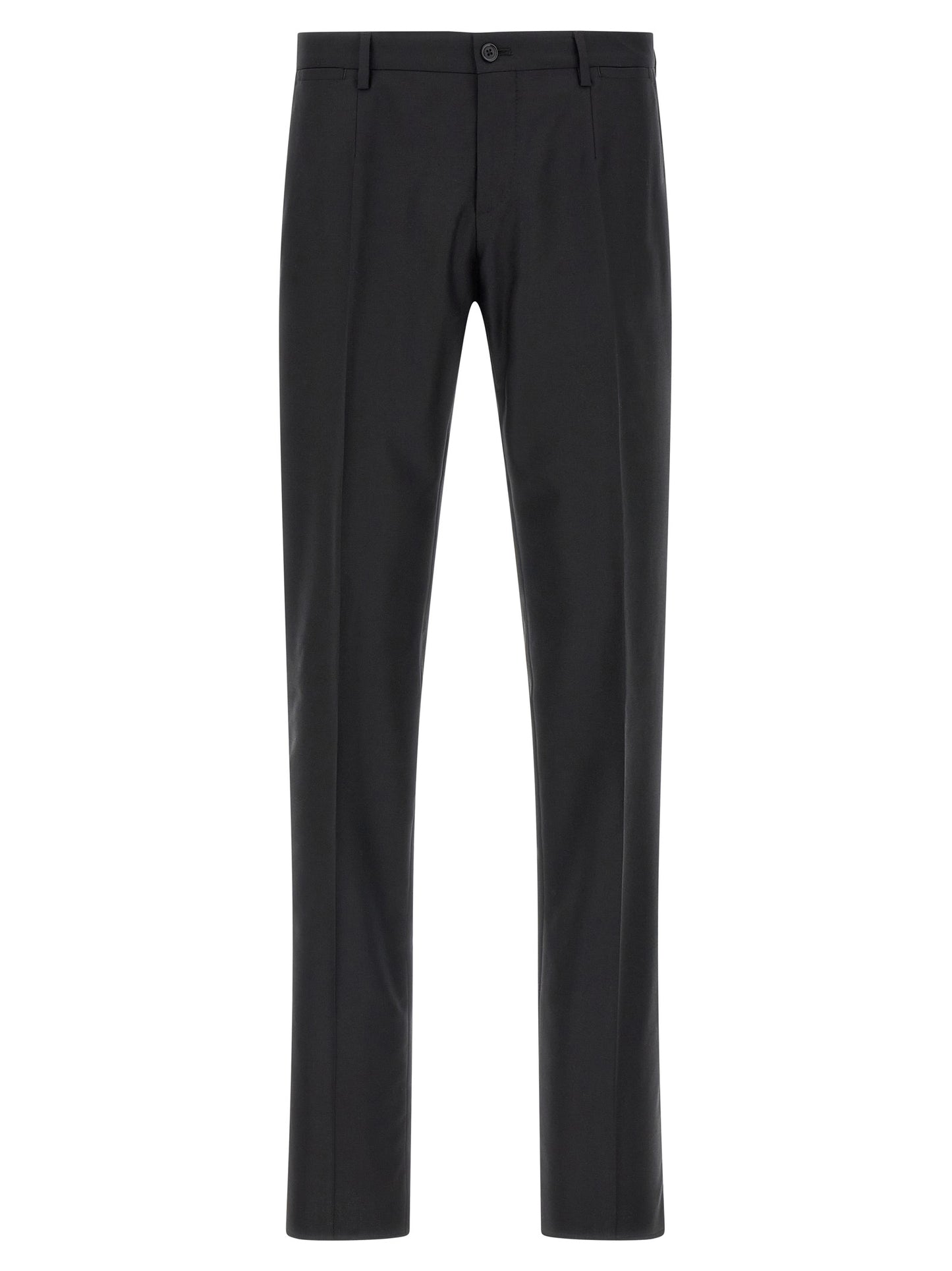 Pant Suit by Dolce & Gabbana for men in virgin wool & silk black showcases a sartorial silhouette, artfully detailed with a sophisticated and a sartorial straight-leg for a refined, high-fashion aesthetic.