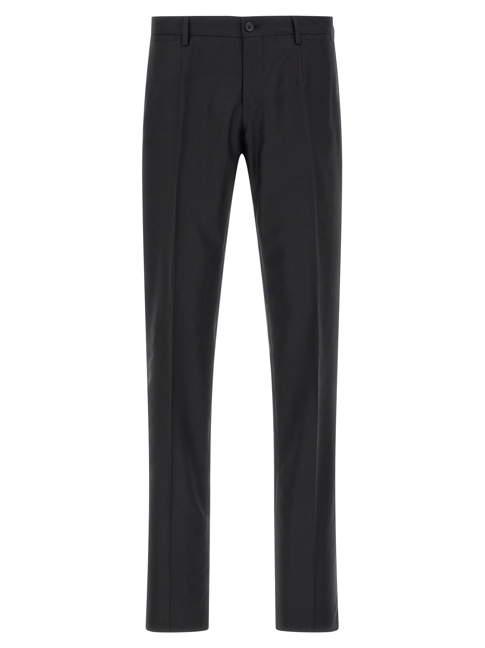Pant Suit by Dolce & Gabbana for men in virgin wool & silk black showcases a sartorial silhouette, artfully detailed with a sophisticated and a sartorial straight-leg for a refined, high-fashion aesthetic.