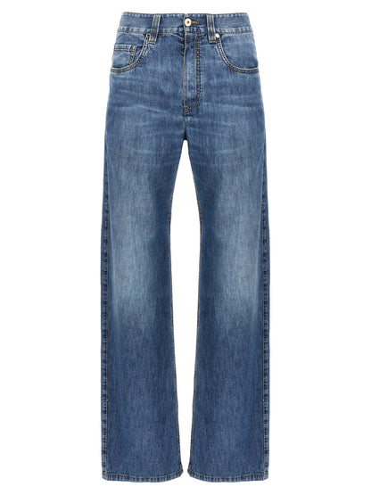 Jeans by Brunello Cucinelli for women in cotton denim blue features an sartorial straight-leg and long with a cut for a sartorial finish.