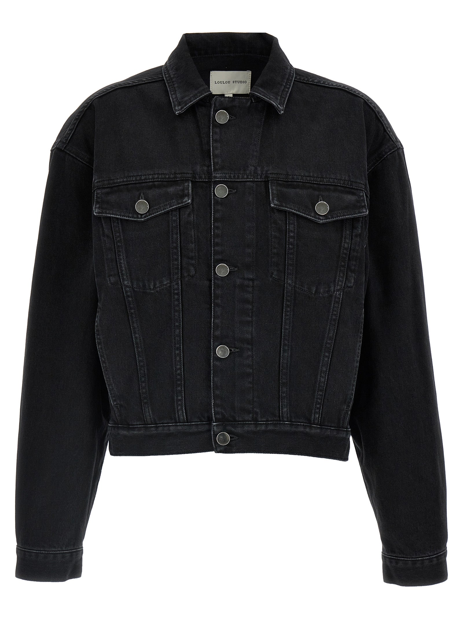 Trucker Jacket by Loulou De Saison for women in organic denim cotton & leather black features a dramatic silhouette, showcasing a sophisticated and distinctive for a dramatic aesthetic.
