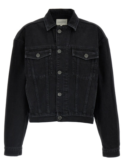 Trucker Jacket by Loulou De Saison for women in organic denim cotton & leather black features a dramatic silhouette, showcasing a sophisticated and distinctive for a dramatic aesthetic.