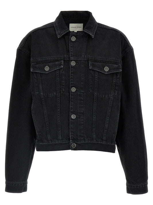 Trucker Jacket by Loulou De Saison for women in organic denim cotton & leather black showcases a bohemian silhouette, artfully detailed with a bohemian and signature for a truly bohemian finish.