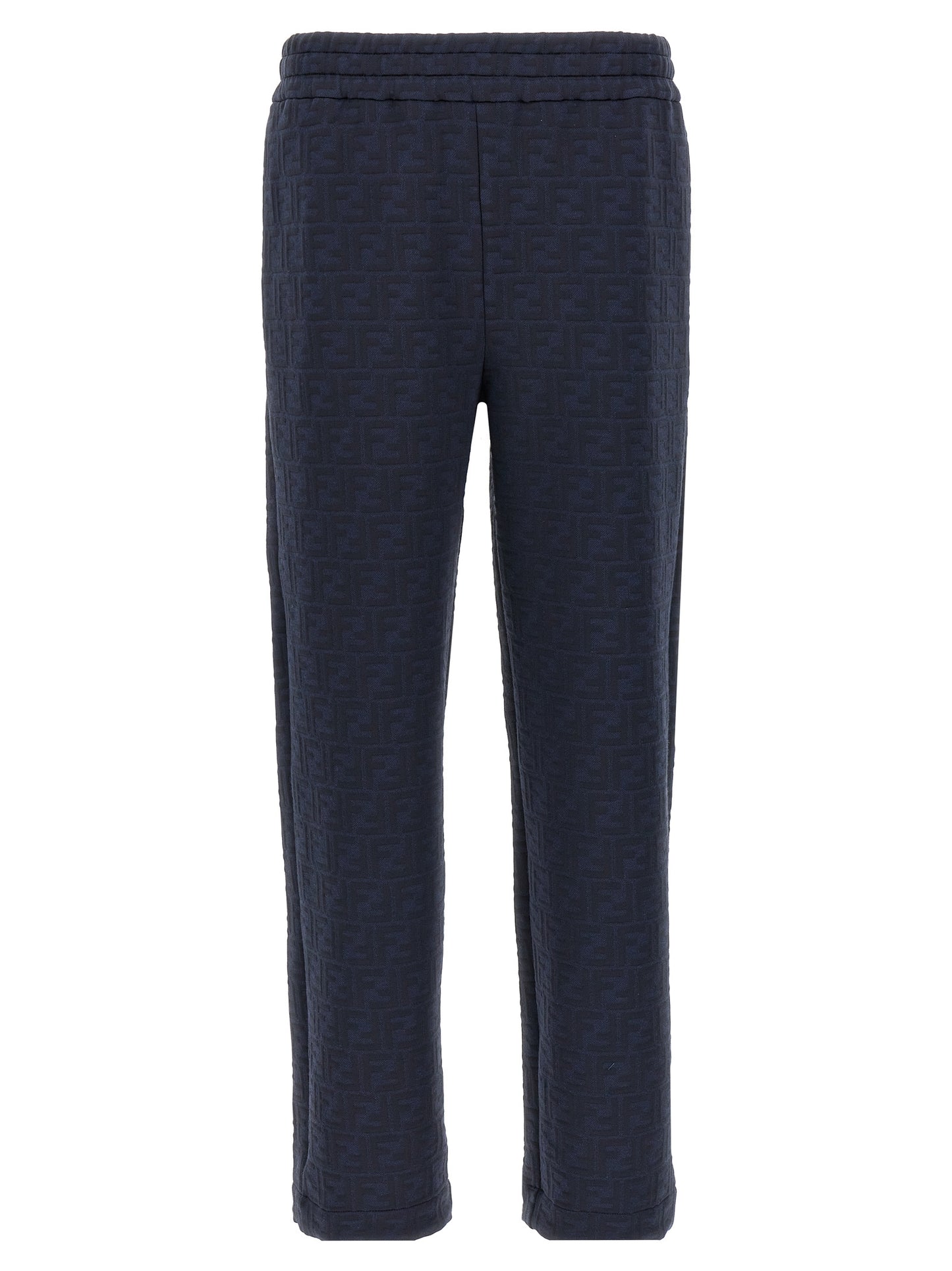 Joggers by Fendi for men in cotton polyester blue, jacquard & monogram presents a tailored silhouette, showcasing a tailored straight and long cut with a refined for a truly tailored aesthetic.