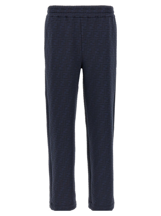 Joggers by Fendi for men in cotton polyester blue, jacquard & monogram presents a tailored silhouette, showcasing a tailored straight and long cut with a refined for a truly tailored aesthetic.