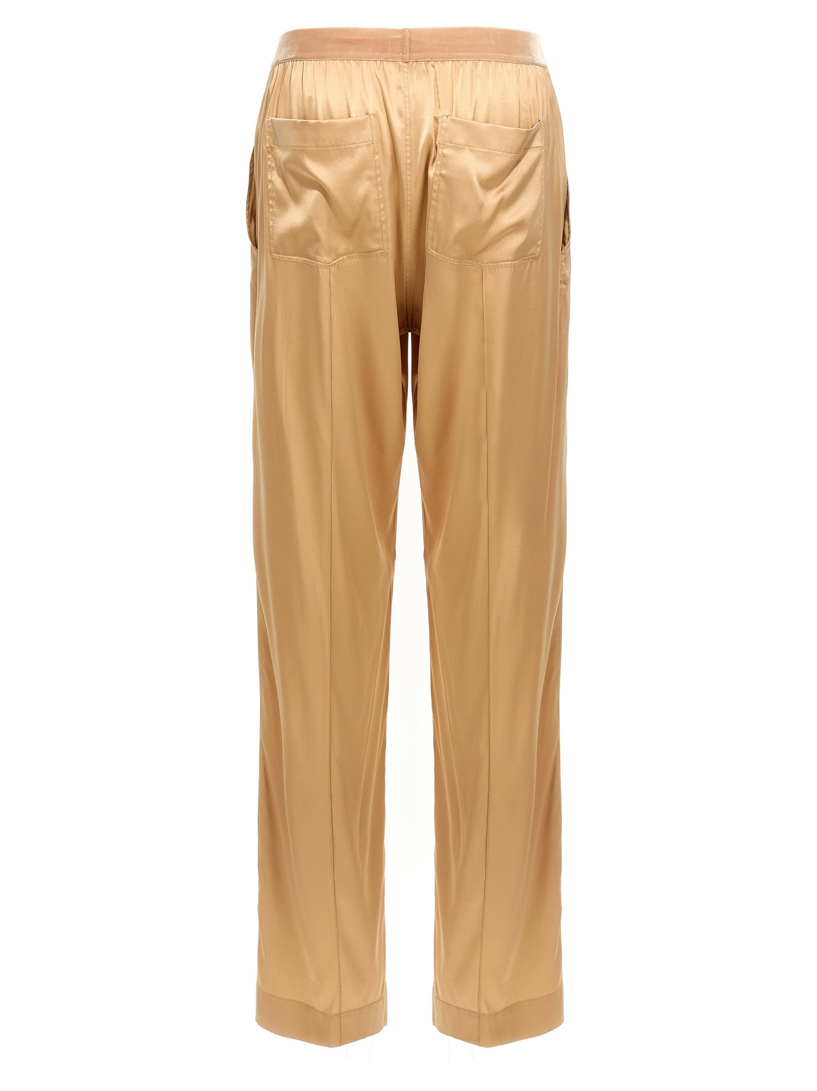 Trousers by Tom Ford for women in silk velvet beige features a artisanal silhouette, showcasing a sophisticated straight-leg with a long and for a artisanal finish.