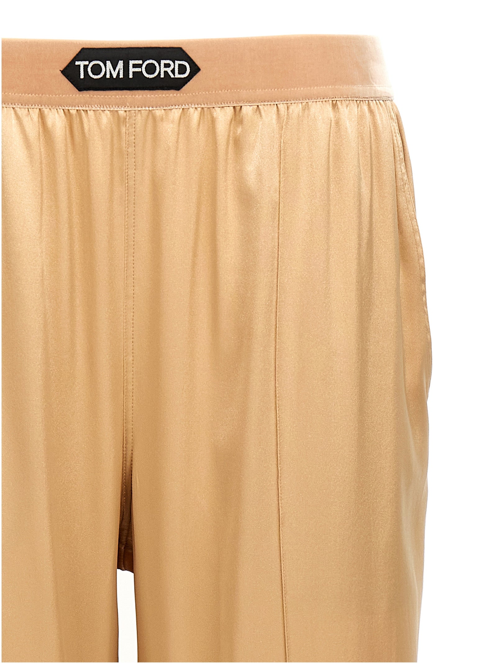 Trousers by Tom Ford for women in silk velvet beige features an on trend silhouette, showcasing a sophisticated straight-leg with a long and for an on trend finish.